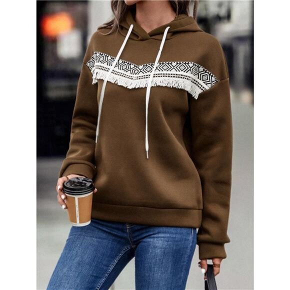 Fringe Detail Long Sleeve Drawstring Hoodie - Picture 3 of 16